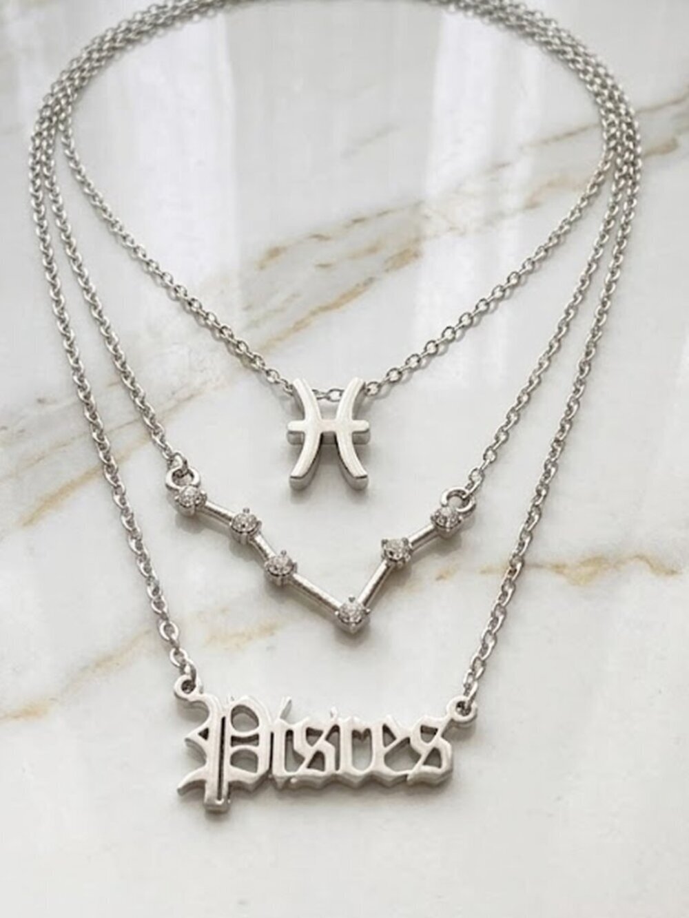 Ladies Silver Pisces Triple Birth Constellation Necklace